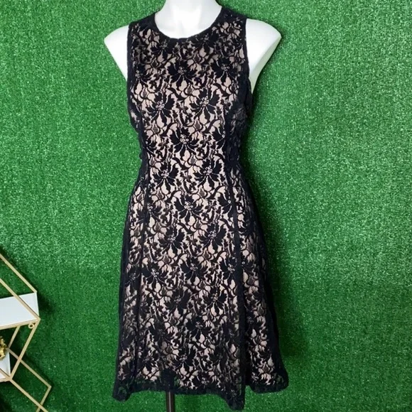 Liz Claiborne | Dresses | Velvet Black Lace Nude Underlay Fit And Flare  Dress | Poshmark